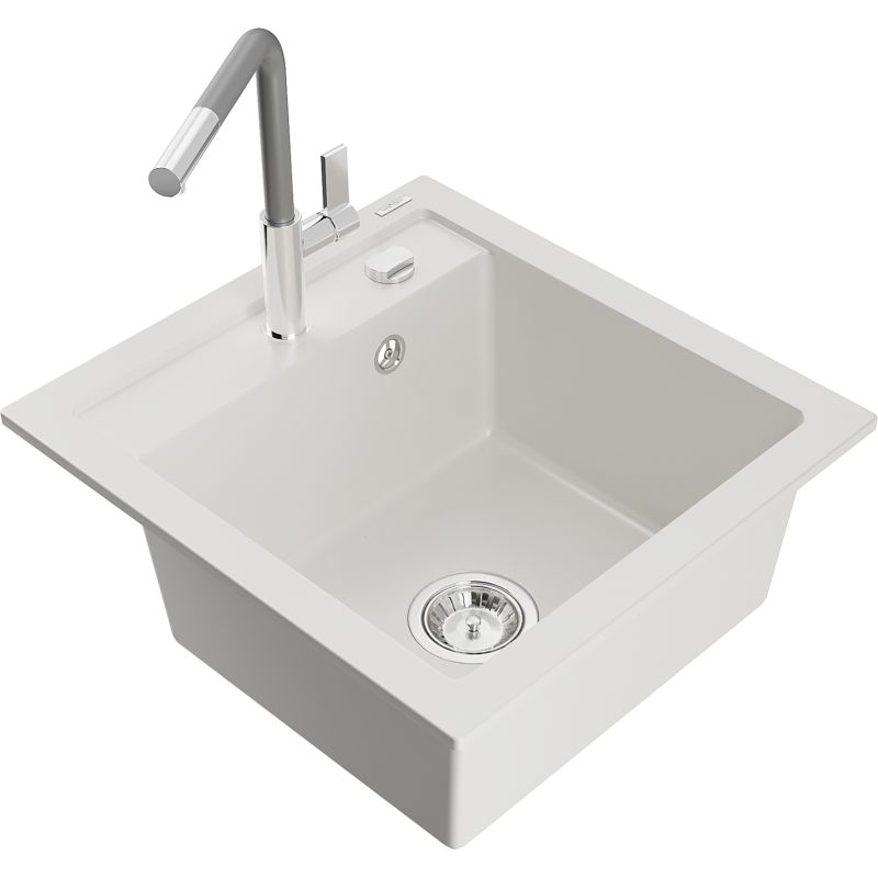 Zlewozmywak granitowy 1-komorowy Mexen Vito z baterią kuchenną Flora biały  6503-20-670401-06
