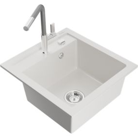 Zlewozmywak granitowy 1-komorowy Mexen Vito z baterią kuchenną Flora biały  6503-20-670401-06