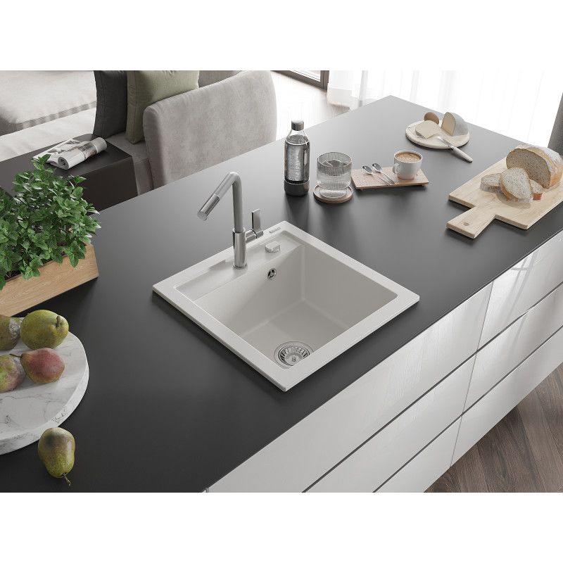 Zlewozmywak granitowy 1-komorowy Mexen Vito z baterią kuchenną Flora biały  6503-20-670401-06