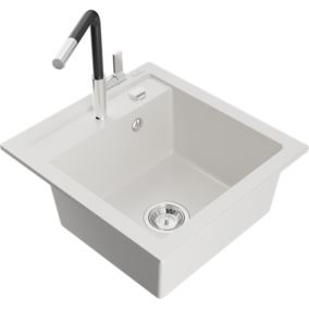 Zlewozmywak granitowy 1-komorowy Mexen Vito z baterią kuchenną Flora biały  6503-20-670401-07 1 szt.