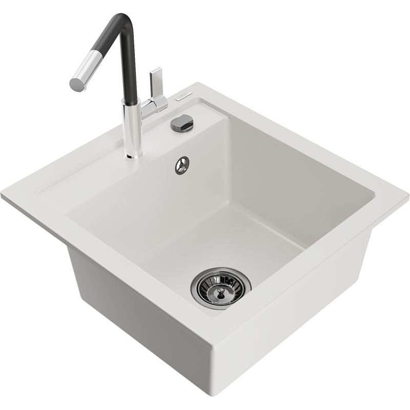 Zlewozmywak granitowy 1-komorowy Mexen Vito z baterią kuchenną Flora biały  6503-20-670401-07-B 1 szt.