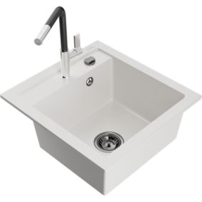 Zlewozmywak granitowy 1-komorowy Mexen Vito z baterią kuchenną Flora biały  6503-20-670401-07-B 1 szt.