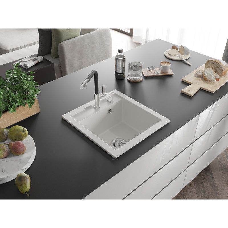Zlewozmywak granitowy 1-komorowy Mexen Vito z baterią kuchenną Flora biały  6503-20-670401-07