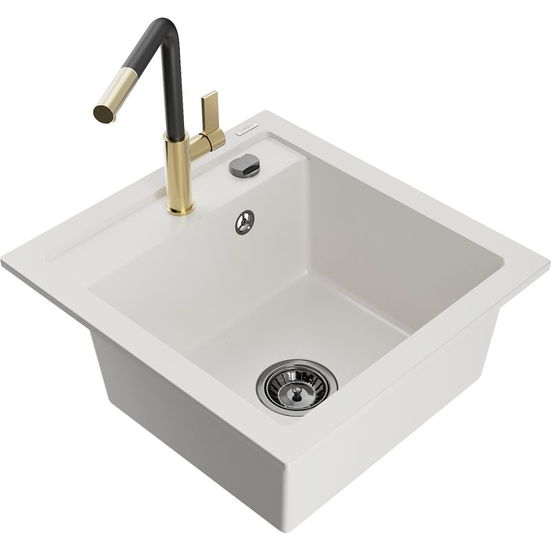 Zlewozmywak granitowy 1-komorowy Mexen Vito z baterią kuchenną Flora biały  6503-20-670401-57-B 1 szt.