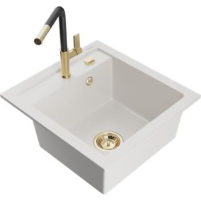 Zlewozmywak granitowy 1-komorowy Mexen Vito z baterią kuchenną Flora biały  6503-20-670401-57-G