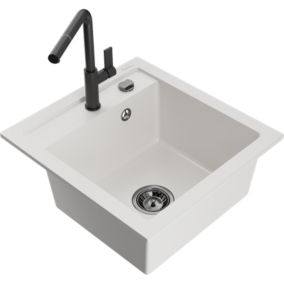 Zlewozmywak granitowy 1-komorowy Mexen Vito z baterią kuchenną Flora czarny  - 6503-77-670401-70-B 1 szt.