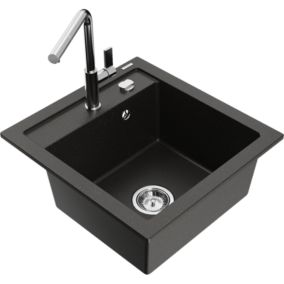 Zlewozmywak granitowy 1-komorowy Mexen Vito z baterią kuchenną Flora czarny/złoty metalik  6503-75-670401-00 1 szt.