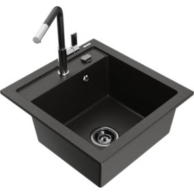 Zlewozmywak granitowy 1-komorowy Mexen Vito z baterią kuchenną Flora czarny/złoty metalik  6503-75-670401-07-B 1 szt.