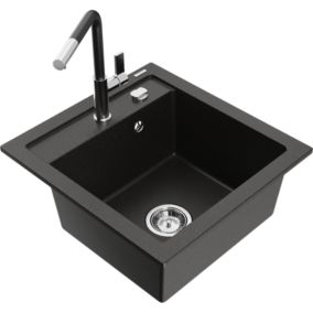 Zlewozmywak granitowy 1-komorowy Mexen Vito z baterią kuchenną Flora czarny/złoty metalik  6503-75-670401-07