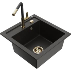 Zlewozmywak granitowy 1-komorowy Mexen Vito z baterią kuchenną Flora czarny/złoty metalik  6503-75-670401-57-G 1 szt.