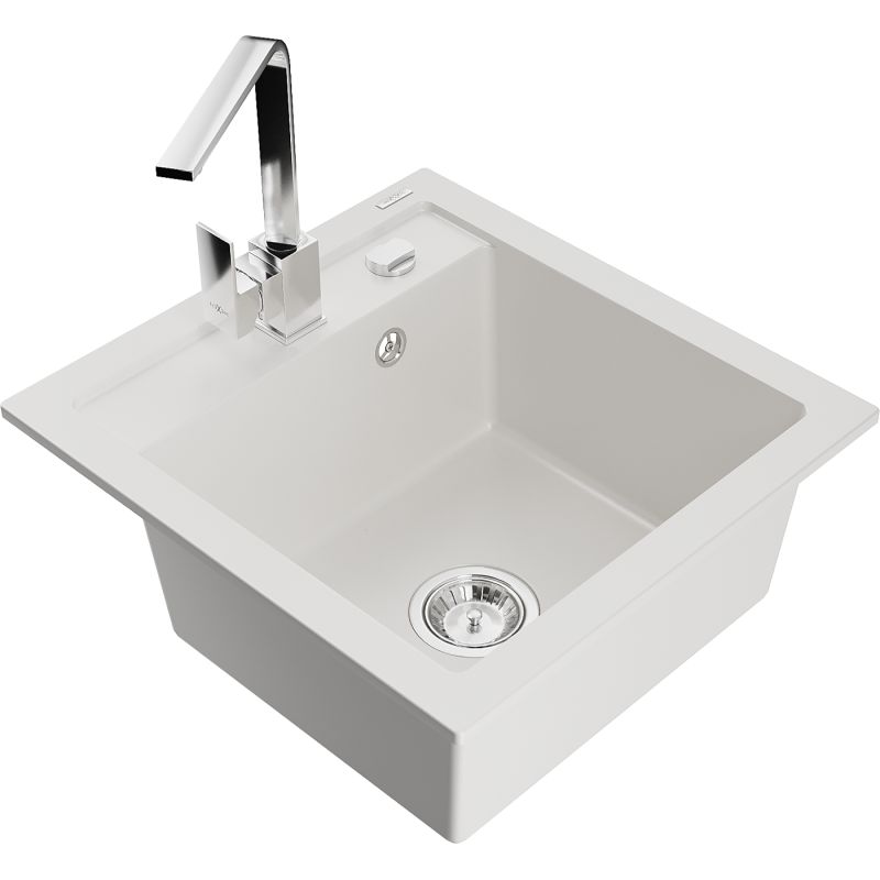 Zlewozmywak granitowy 1-komorowy Mexen Vito z baterią kuchenną Rita biały  6503-20-670300-00