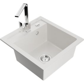 Zlewozmywak granitowy 1-komorowy Mexen Vito z baterią kuchenną Rita biały  6503-20-670300-00