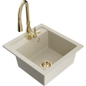 Zlewozmywak granitowy 1-komorowy Mexen Vito z baterią kuchenną Savita beżowy  6503-69-672601-50 1 szt.
