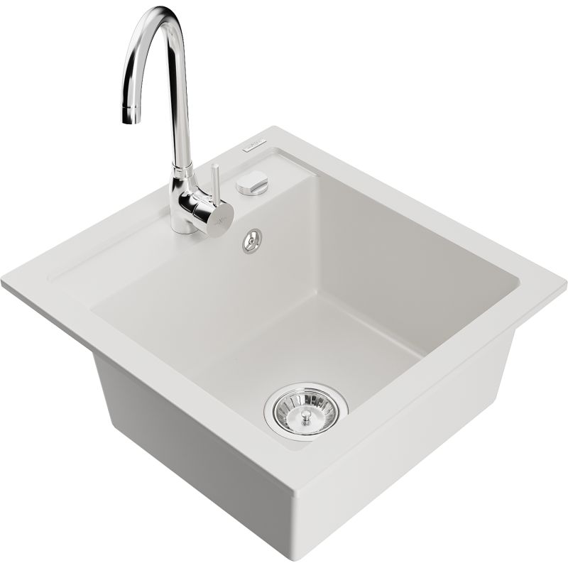 Zlewozmywak granitowy 1-komorowy Mexen Vito z baterią kuchenną Telma biały  6503-20-670200-00 1 szt.
