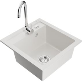 Zlewozmywak granitowy 1-komorowy Mexen Vito z baterią kuchenną Telma biały  6503-20-670200-00 1 szt.