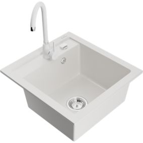 Zlewozmywak granitowy 1-komorowy Mexen Vito z baterią kuchenną Telma biały  6503-20-670200-20