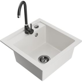 Zlewozmywak granitowy 1-komorowy Mexen Vito z baterią kuchenną Telma biały  6503-20-670200-70