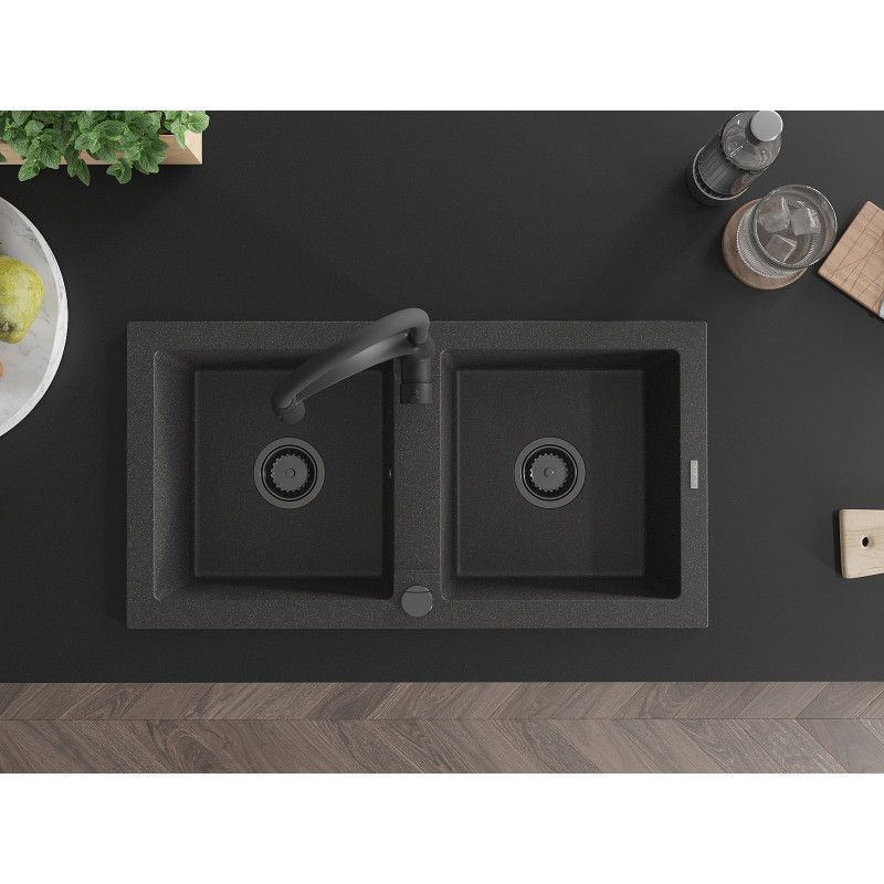 Zlewozmywak granitowy 2-komorowy Mexen Mario z baterią kuchenną Aster czarny/srebrny metalik  - 6504-73-73450-70-B 1 szt.