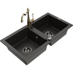 Zlewozmywak granitowy 2-komorowy Mexen Mario z baterią kuchenną Carla czarny/złoty metalik  6504-75-670700-50-B
