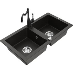 Zlewozmywak granitowy 2-komorowy Mexen Mario z baterią kuchenną Carla czarny/złoty metalik  6504-75-670700-70 1 szt.