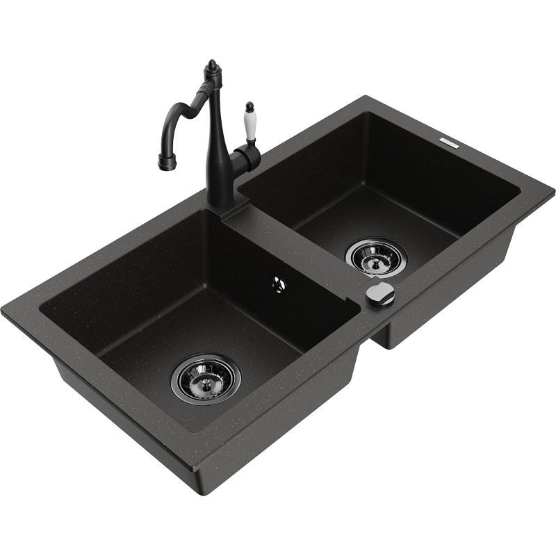 Zlewozmywak granitowy 2-komorowy Mexen Mario z baterią kuchenną Duero beżowy  - 6504-69-671600-70 1 szt.