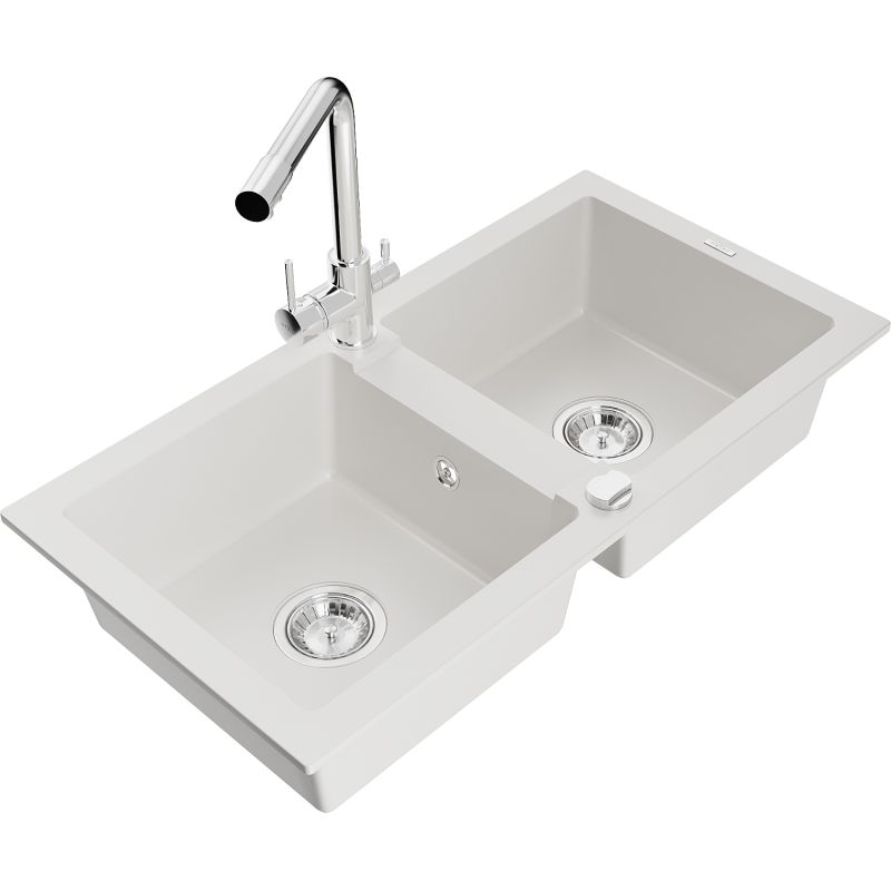 Zlewozmywak granitowy 2-komorowy Mexen Mario z baterią kuchenną Duero biały  6504-20-671600-00