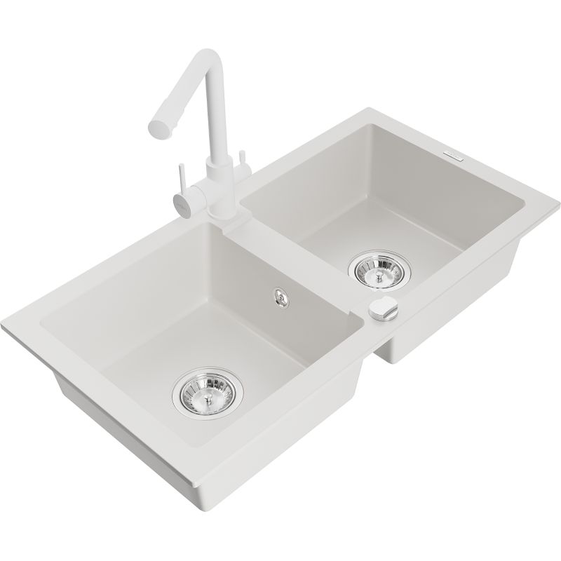 Zlewozmywak granitowy 2-komorowy Mexen Mario z baterią kuchenną Duero biały  6504-20-671600-20