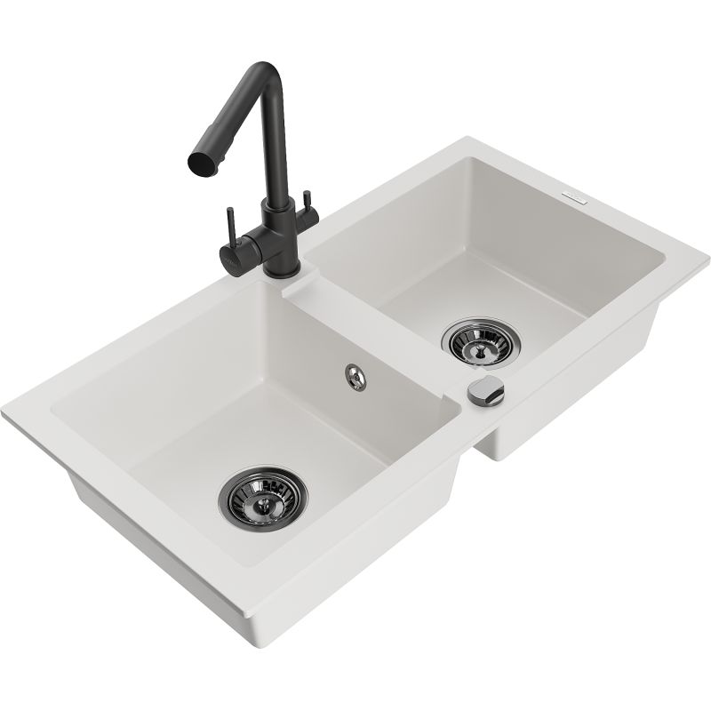 Zlewozmywak granitowy 2-komorowy Mexen Mario z baterią kuchenną Duero czarny  - 6504-77-671600-50 1 szt.