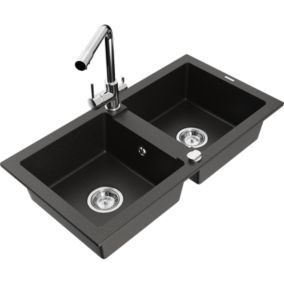 Zlewozmywak granitowy 2-komorowy Mexen Mario z baterią kuchenną Duero czarny/złoty metalik  6504-75-671600-00 1 szt.