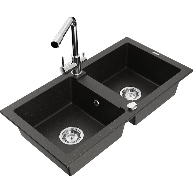 Zlewozmywak granitowy 2-komorowy Mexen Mario z baterią kuchenną Duero czarny/złoty metalik  6504-75-671600-00