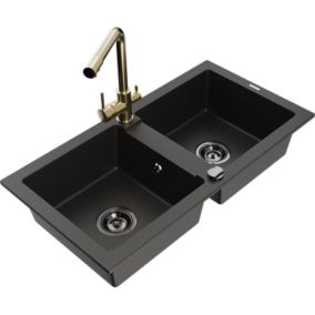 Zlewozmywak granitowy 2-komorowy Mexen Mario z baterią kuchenną Duero czarny/złoty metalik  6504-75-671600-50-B