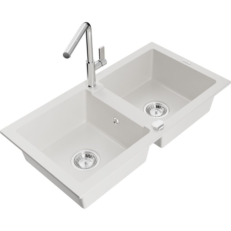 Zlewozmywak granitowy 2-komorowy Mexen Mario z baterią kuchenną Flora biały  6504-20-670401-00