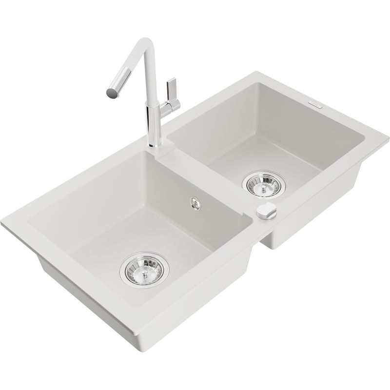 Zlewozmywak granitowy 2-komorowy Mexen Mario z baterią kuchenną Flora biały  6504-20-670401-02