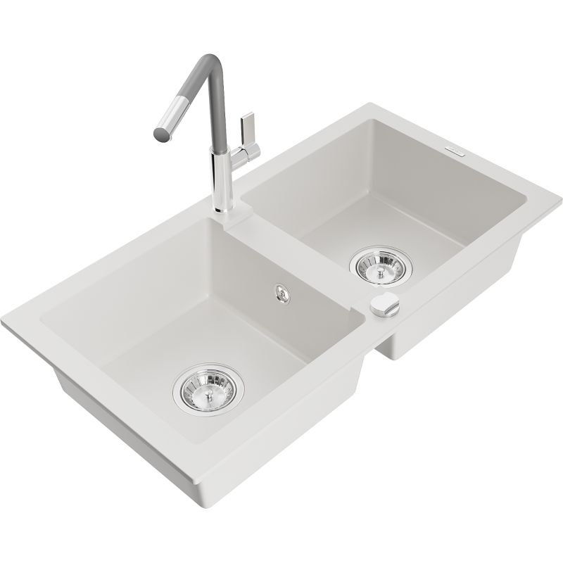 Zlewozmywak granitowy 2-komorowy Mexen Mario z baterią kuchenną Flora biały  6504-20-670401-06