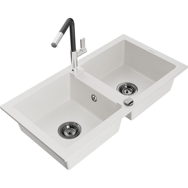 Zlewozmywak granitowy 2-komorowy Mexen Mario z baterią kuchenną Flora biały  6504-20-670401-07-B