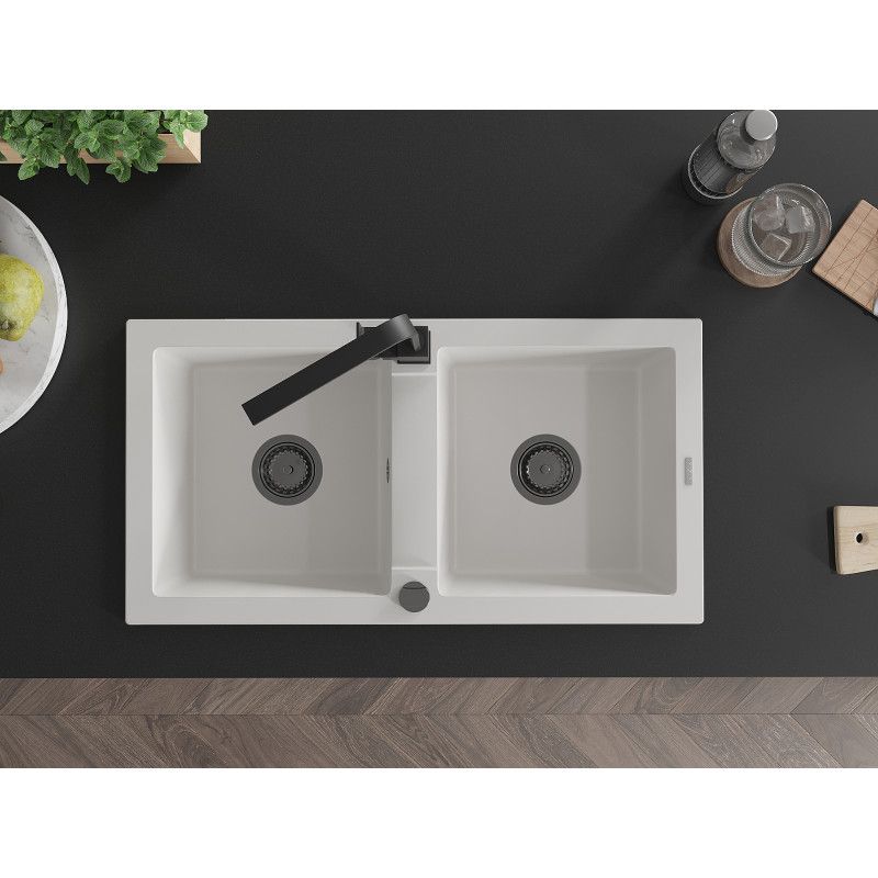 Zlewozmywak granitowy 2-komorowy Mexen Mario z baterią kuchenną Rita biały  - 6504-20-670300-50 1 szt.