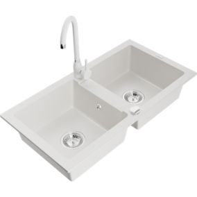 Zlewozmywak granitowy 2-komorowy Mexen Mario z baterią kuchenną Telma biały  6504-20-670200-20