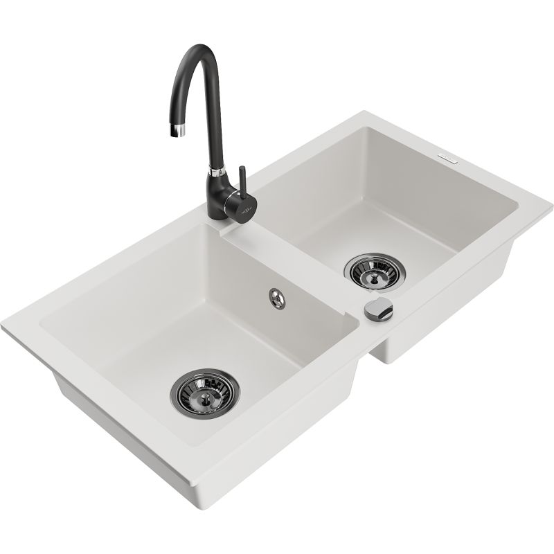 Zlewozmywak granitowy 2-komorowy Mexen Mario z baterią kuchenną Telma biały  6504-20-670200-70