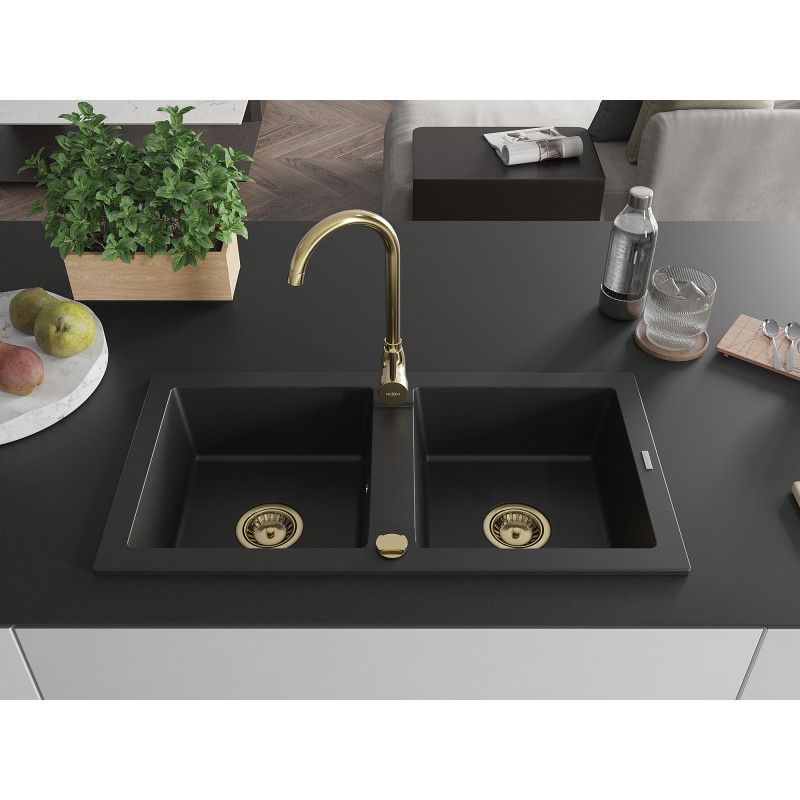 Zlewozmywak granitowy 2-komorowy Mexen Mario z baterią kuchenną Telma czarny  - 6504-77-670200-70-B 1 szt.