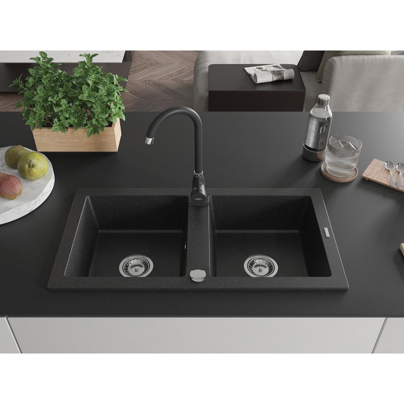Zlewozmywak granitowy 2-komorowy Mexen Mario z baterią kuchenną Telma czarny/złoty  - 6504-75-670200-70 1 szt.