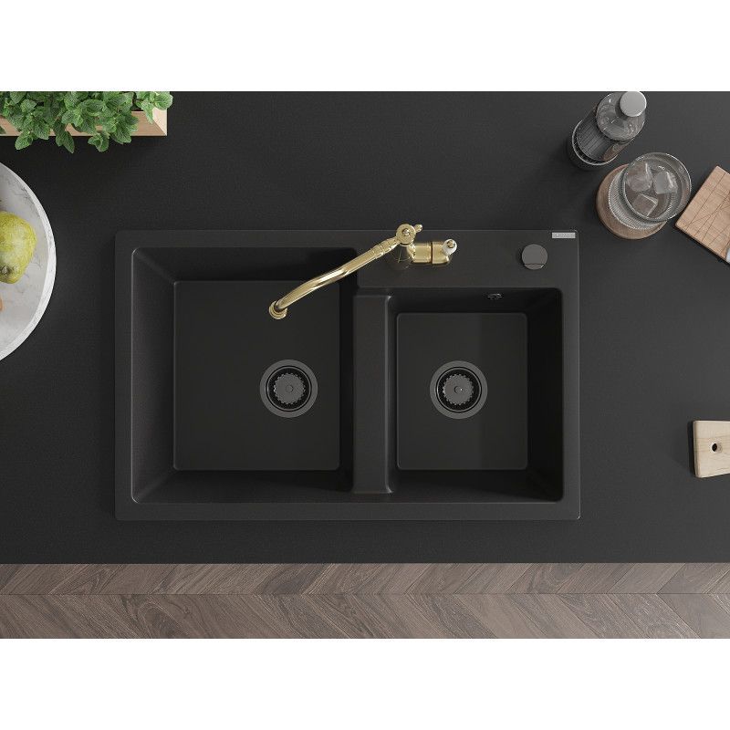 Zlewozmywak granitowy 2-komorowy Mexen Tomas z baterią kuchenną Carla czarny  6516-77-670700-50-B