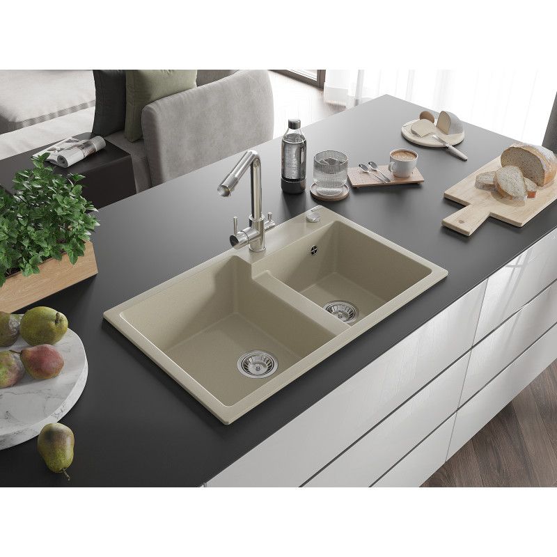 Zlewozmywak granitowy 2-komorowy Mexen Tomas z baterią kuchenną Duero beżowy  6516-69-671600-00