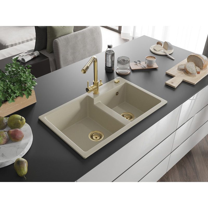 Zlewozmywak granitowy 2-komorowy Mexen Tomas z baterią kuchenną Duero beżowy  6516-69-671600-50