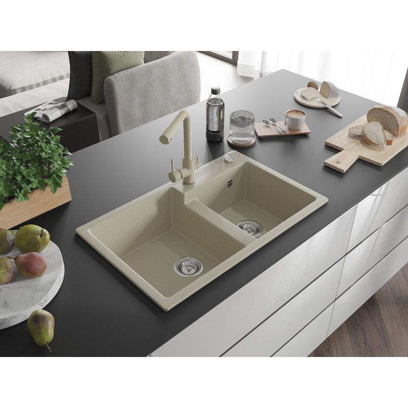 Zlewozmywak granitowy 2-komorowy Mexen Tomas z baterią kuchenną Duero beżowy  6516-69-671600-69