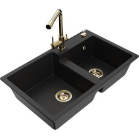 Zlewozmywak granitowy 2-komorowy Mexen Tomas z baterią kuchenną Duero czarny  6516-77-671600-50