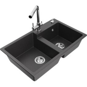 Zlewozmywak granitowy 2-komorowy Mexen Tomas z baterią kuchenną Duero czarny nakrapiany  6516-76-671600-00 1 szt.