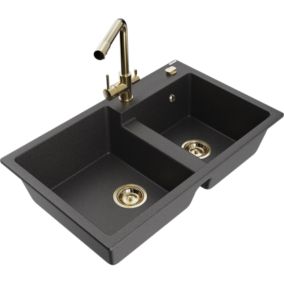 Zlewozmywak granitowy 2-komorowy Mexen Tomas z baterią kuchenną Duero czarny nakrapiany  6516-76-671600-50