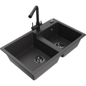 Zlewozmywak granitowy 2-komorowy Mexen Tomas z baterią kuchenną Duero czarny nakrapiany  6516-76-671600-70-B 1 szt.