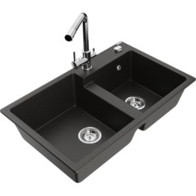 Zlewozmywak granitowy 2-komorowy Mexen Tomas z baterią kuchenną Duero czarny/złoty metalik  6516-75-671600-00 1 szt.