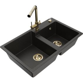 Zlewozmywak granitowy 2-komorowy Mexen Tomas z baterią kuchenną Duero czarny/złoty metalik  6516-75-671600-50 1 szt.